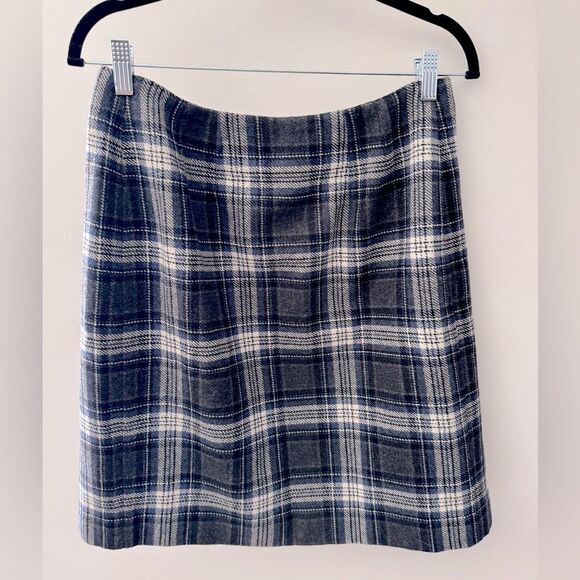 Vintage Herman Geist Navy Grey Ivory Plaid Wrap Skirt w/ Blanket Stitch Hem Sz 6 - Picture 2 of 6